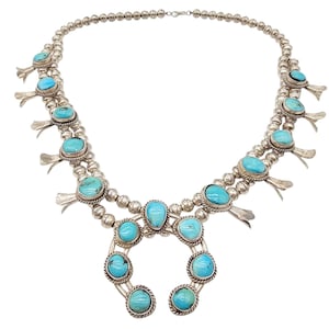 VTG Navajo zilveren pompoenbloesemketting met turkooizen cabochons, handgemaakte Southwest-sieraden 23&quot;