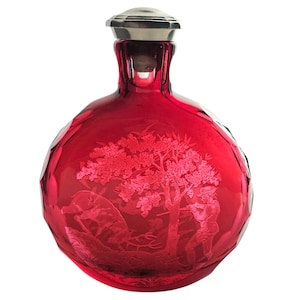 Saint Louis Crystal Flask Cranberry Cut-to-Clear Stag Geese Hunting Scene, French Luxury Glass, Collectible Barware, Elegant Gift