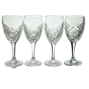 Bohemian Cut Wine Glasses, Crystal Hobstar Wine Glasses, White Wine Glasses Set of 4 6.5&quot; Tall