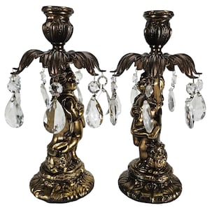Italian Crystal Brass Candle Holder, Cherubs Candle Holder Pair, Gold Gilt Regency Marble Base