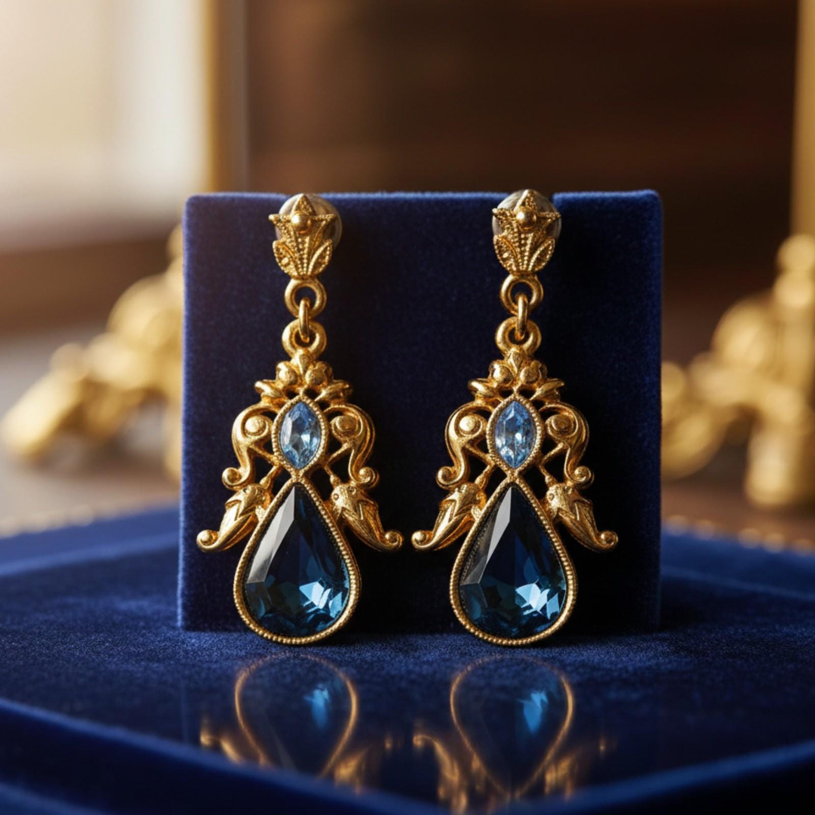 Ancienne Paire De Boucles D'Oreilles Puces - Plaqué Or, Pierre Bleue Et Blanc
