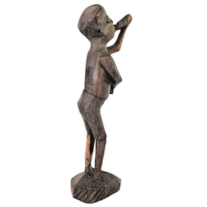 Vintage African Wood Carving: Man with Bottle, Rustic Bar Decor