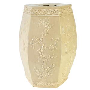 Vintage Italian Chinoiserie Garden Seat: Cream Floral Porcelain, 20&quot;