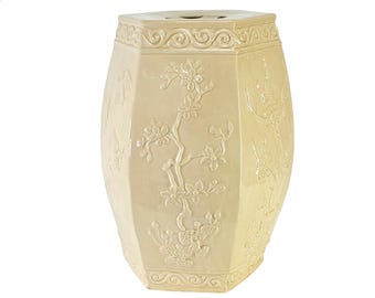 Vintage Italian Chinoiserie Garden Seat: Cream Floral Porcelain, 20&quot;
