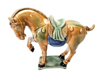 Vintage Glazed Ceramic Horse, Sancai Golden Horse Figurine, Majolica Horse, Drip Glaze Horse
