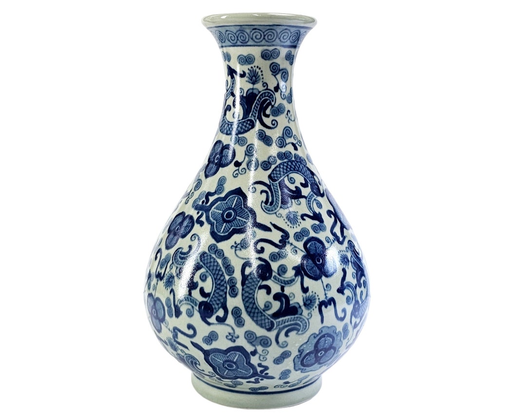 Vintage Chinoiserie Vase Blue White Vase Porcelain Vase Etsy