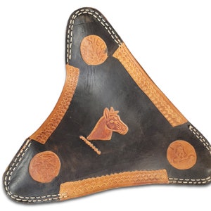 Vintage Brown Leather Tripod Embossed Saddle Stool Horse Cover Seat Mexico