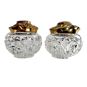 Antique Art Nouveau Crystal Glass & Gilded Copper Lid Dresser Jar Matched Pair 4.5&quot;
