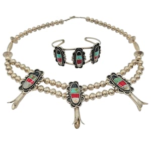Ingelegd Squash Bloesem Turquoise Koraal Kettingarmband Navajo Handgemaakt 17&quot;