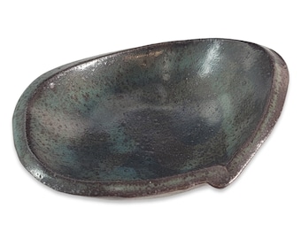 Studio Art Pottery Spoon Rest, Trinket Dish,Blue Green Dish, Stoneware Signed "Rubio"