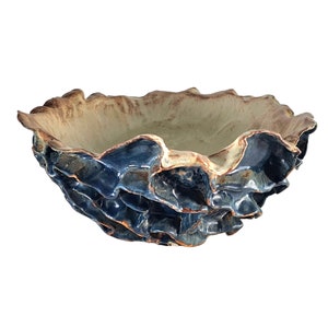 Large Studio Art Pottery Bowl: Blue Ruffled Stoneware, Brutalist Decor (13.5&quot;)