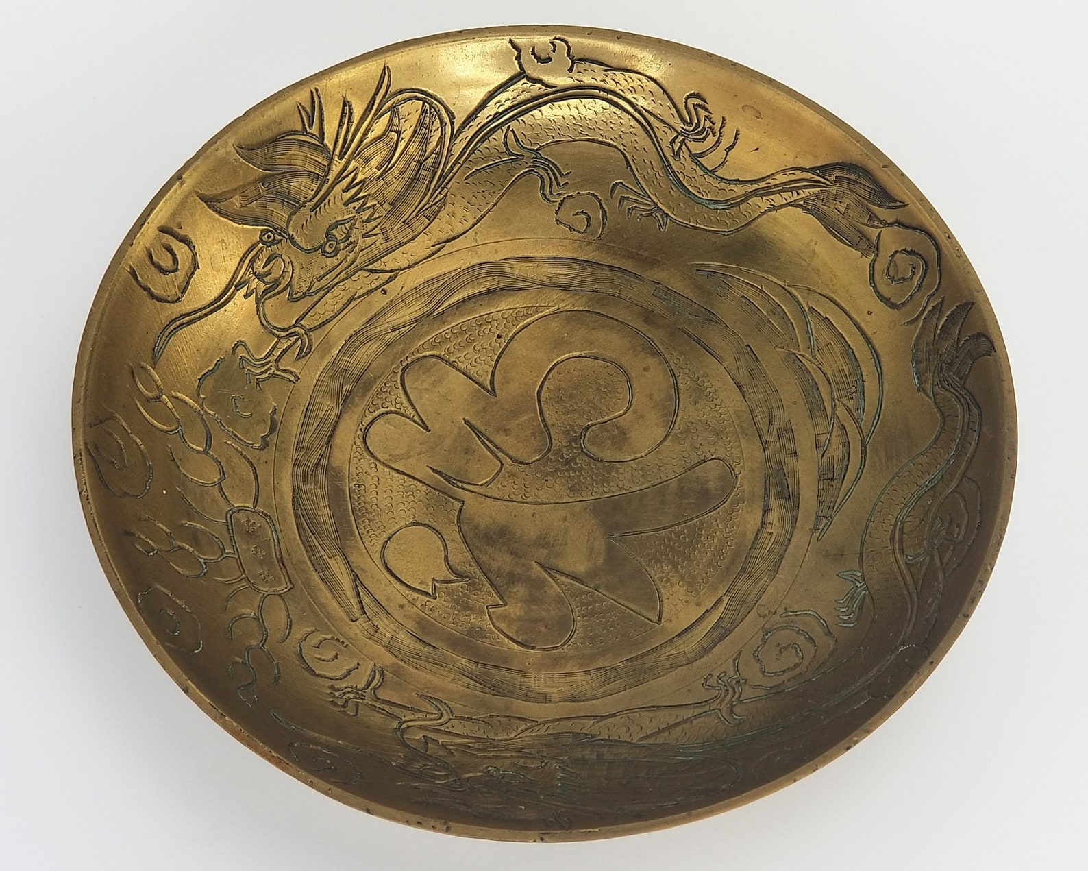 Vintage Brass Etched Chinese Bowl with 2 Dragons Made In Etsy