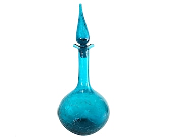 Blenko Art Glass Wayne Husted #37 Crackle Turquoise Decanter 13.5” – 1962 MCM, Flame Stopper, Handblown Glass, Mid-Century Collectible