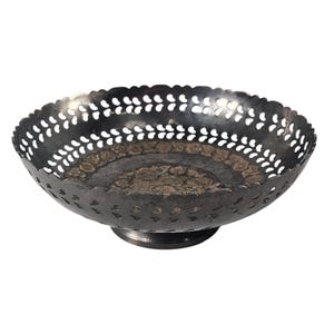 Vintage Mid Century Indian Pierced Brass Bowl Bronze Etched Floral Pedestal 8&quot;