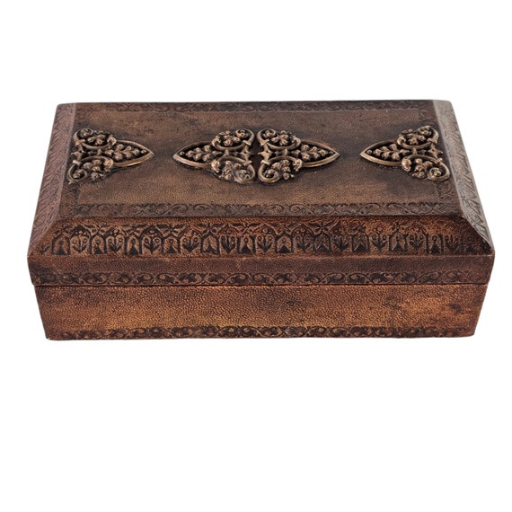 Vintage Tooled Leather Box, Jewelry Box, Wooden T… - image 6