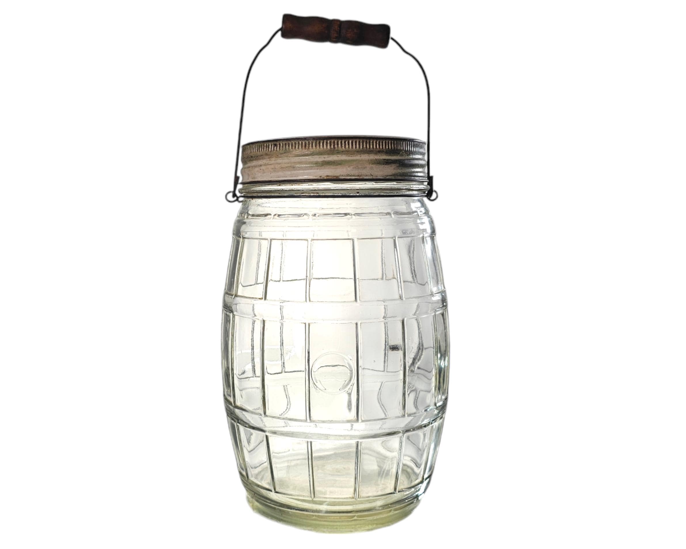 Antique Owens Illinois Glass Pickle Jar, Barrel Form, Wooden
