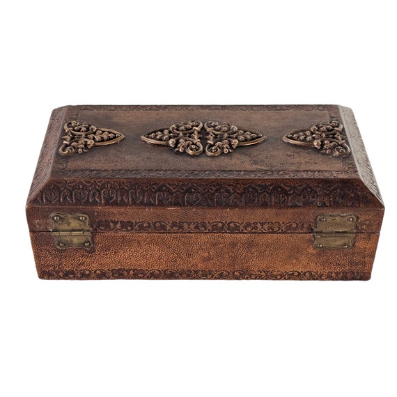 Vintage Tooled Leather Box, Jewelry Box, Wooden T… - image 4