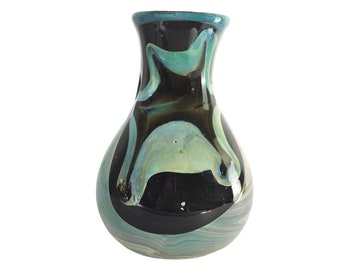 David Camner Vase, Art Glass Vase, Iridescent Vase, Green Black Vase Signed