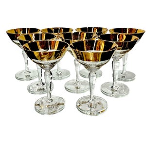 Bold Avitra Vintage Coupe Glasses | Set of 9 Crystal Gold Rim Sherbet or Champagne Glasses | Elegant Art Deco Barware