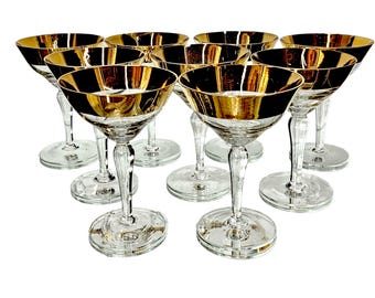 Vintage Gold Rim Coupe Glasses: Art Deco Crystal Champagne Sherbet Set 6"