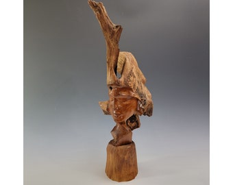 Vintage Paul Fujimoto Statue, Milo Wood Man's Face Sculpture