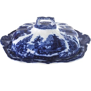Antique W Adams & Co Flow Blue Covered Dish, 13.5&quot;, Conway 19th C, England Ironstone, Fairy Villas Pattern, Victorian Blue and White China