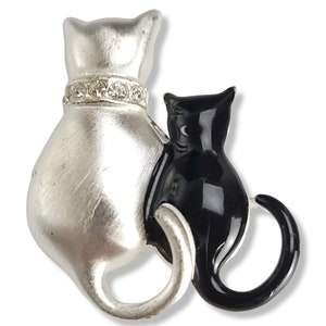 Vintage Cat Brooch: Silver & Black Enamel Kitty Pin