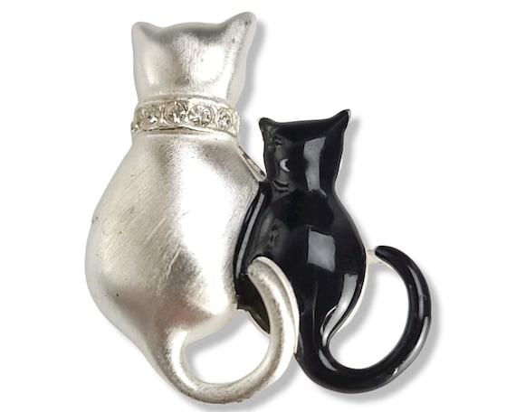 Broche « 2 Chats » En Métal Argenté Avec Pierre Verte Et Strass - NEUVE (sans Emballage D'origine)