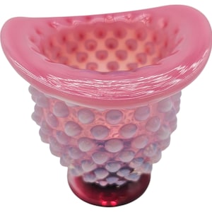 Vtg Fenton Cranberry Wild Rose Hobnail Hat Vase – Overlay Opalescent Pink Glass USA