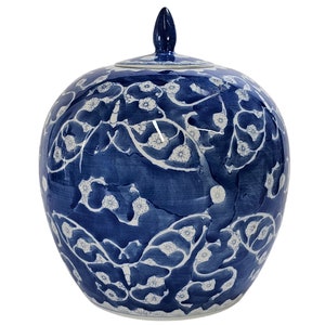 Vintage Chinese Blue & White Round Ginger Jar Butterflies Cherry Blossom Lid 10.5"
