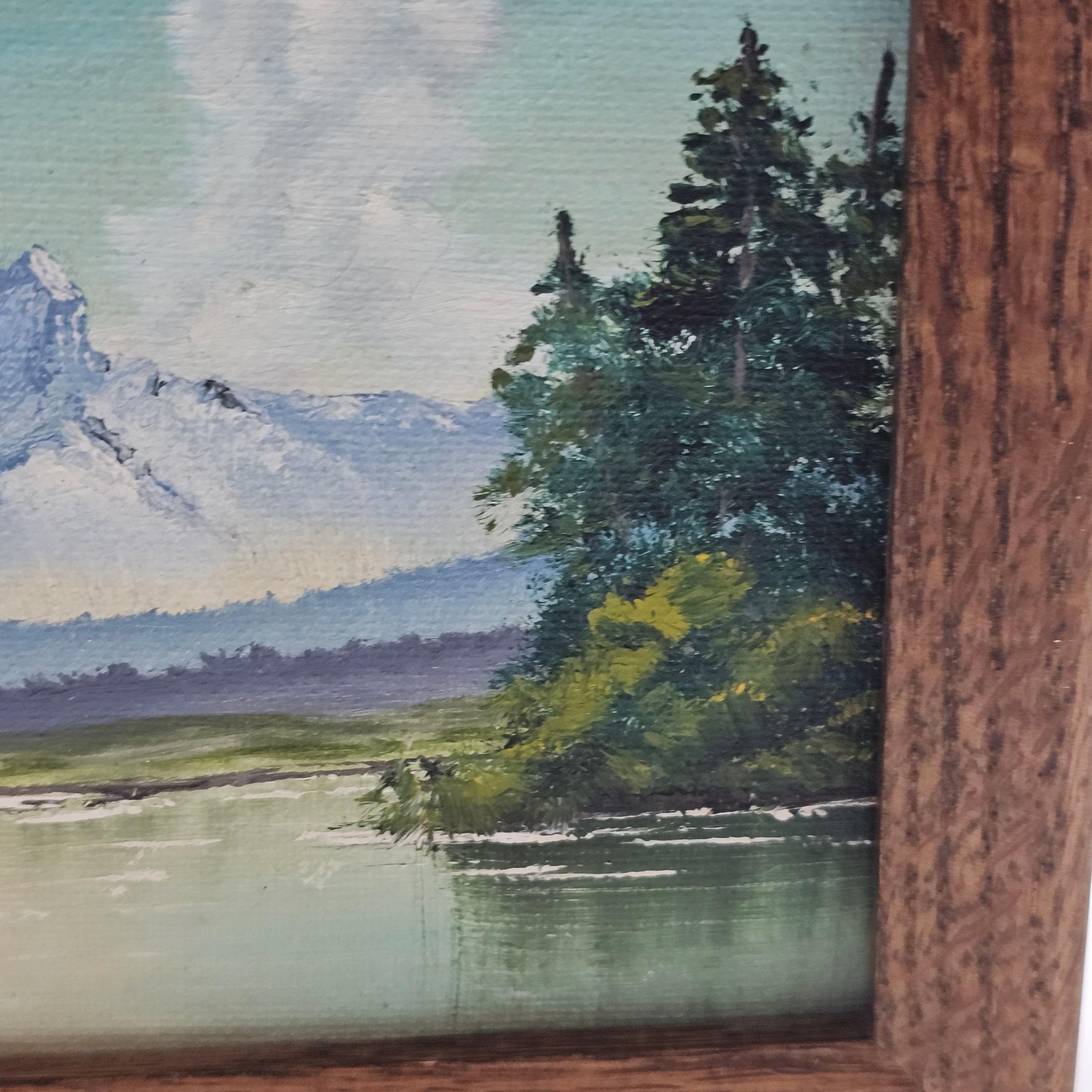 ヴィンテージ油絵：湖と山の風景、Corky作、額入りキャビンアート、幅