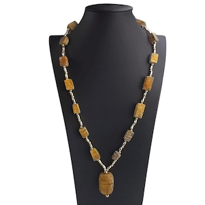 Vintage Egyptian Scarab Pendant Necklace, Beetle Pendant, Egyptian Jewelry, Art Deco, Gold Bead Carved Scarab