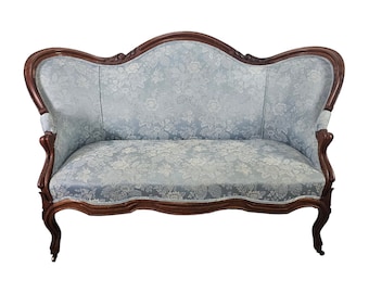 Antique French Settee, Blue Damask Settee, Floral Pattern Sofa Wood Sofa