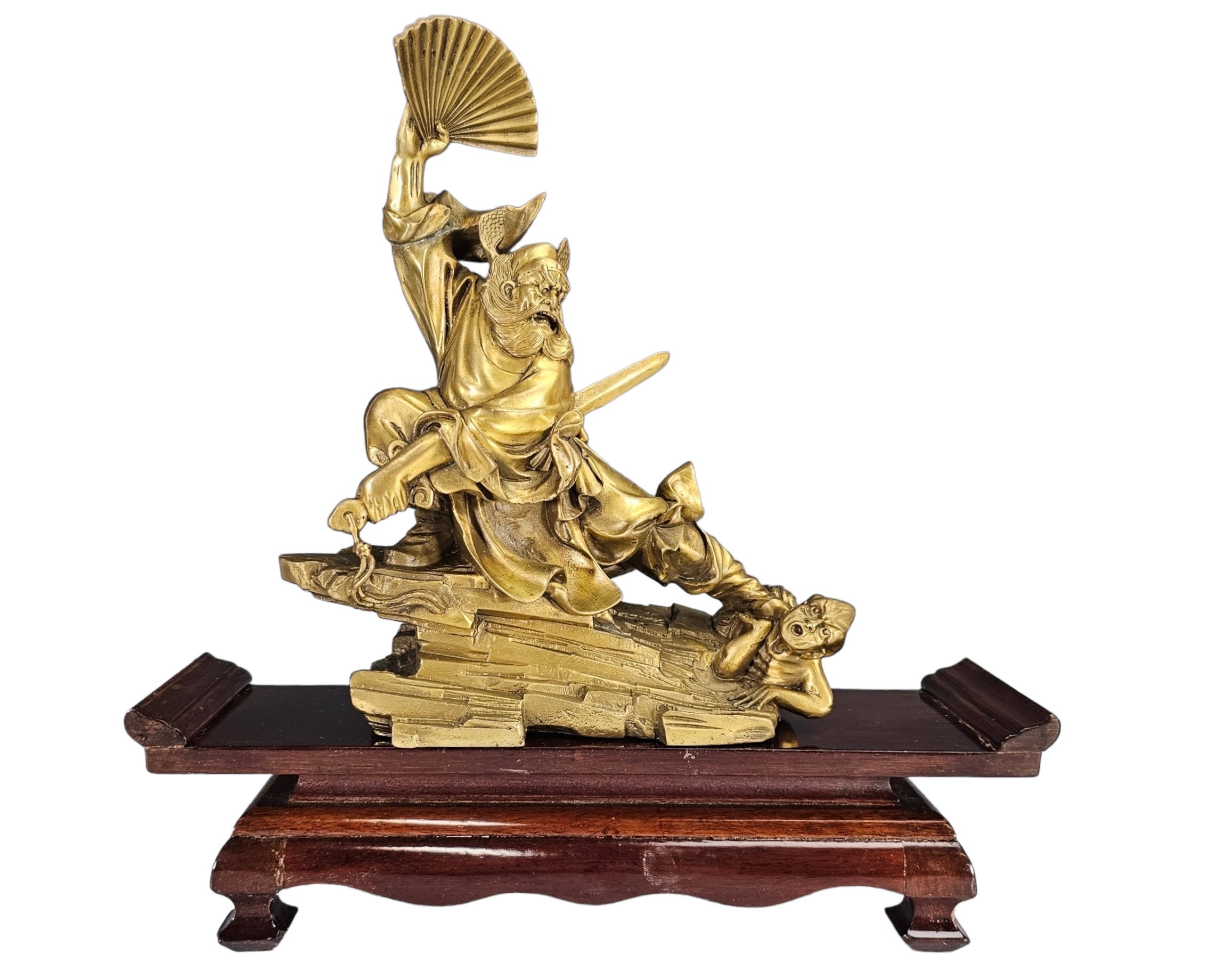 Gold Gilt Brass Zhong Kui Exorcist Statue, Vintage Chinese Myth