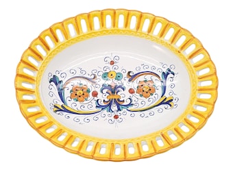 Italian Majolica Bowl Yellow Lattice Edge Il Bargello Deruta Hand Painted Floral Pottery 10.5”
