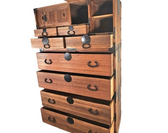 Japanese 3- Part Tansu Chests, Keyaki Meiji Period Furniture, Sliding Panel Drawers C 1850