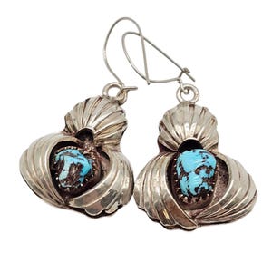 Vintage Navajo Bisbee Turquoise Sterling Silver Drop Earrings Pierced Old Pawn Cowgirl Southwest Jewelry