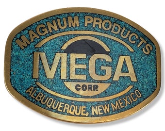 Vintage Magnum Products Mega Corp Belt Buckle, Dyna Buckle, Solid Brass Belt Buckle 1980