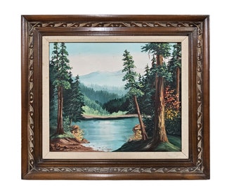 Vintage Mountain Lake Oil Painting: Forest Landscape, Carved Wood Frame 33"