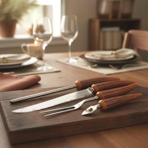 Pode incluir: Uma tábua de corte de madeira com uma faca de trinchar, um garfo e outros utensílios. As alças são marrons com um padrão texturizado. Os utensílios são de aço inoxidável. A tábua está sobre uma mesa de madeira, com taças de vinho e pratos ao fundo.