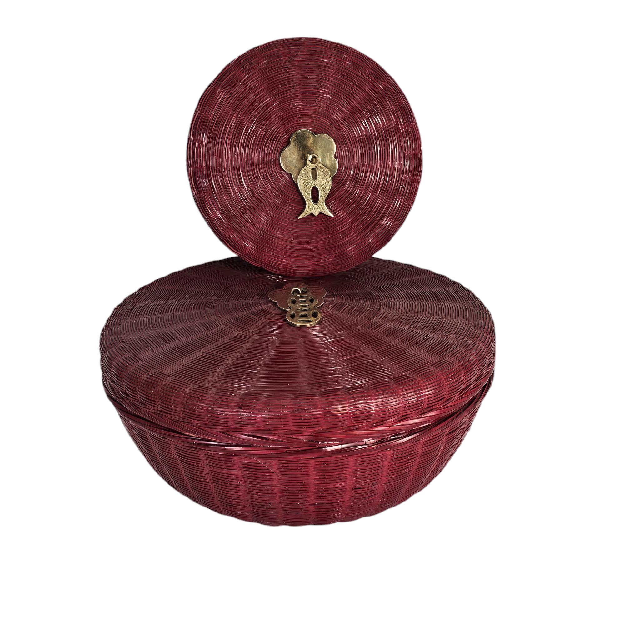 VTG 中国製手編み籐バスケット 2個セット 蓋と真鍮ハンドル付き