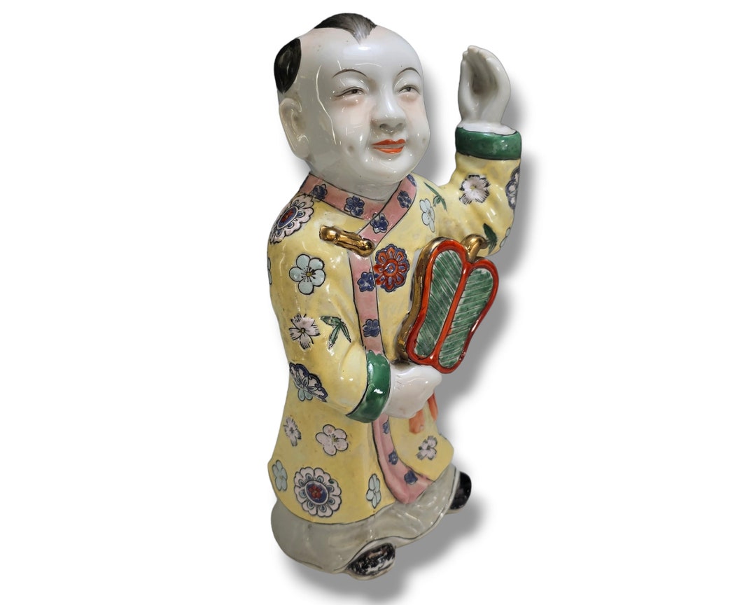 Vintage Chinese Man Figurine Fan Porcelain Yellow Collectible Mid Century Etsy