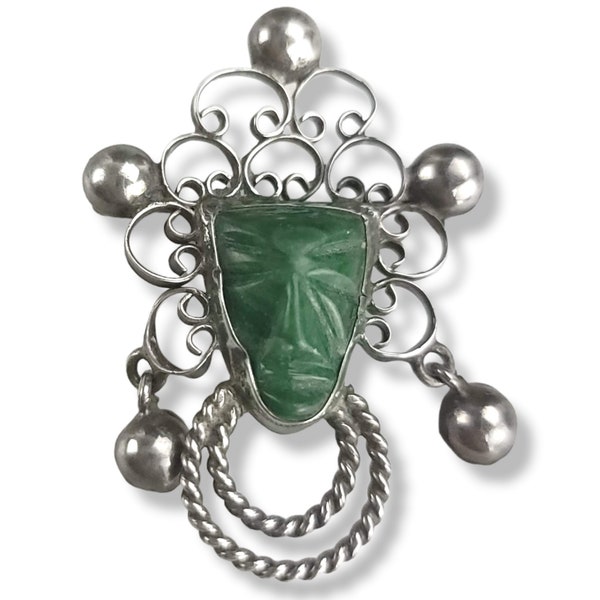 Vintage Tribal Face Brooch, Mask Jade Brooch, Aztec Sterling Silver, Mexican Brooch Carved