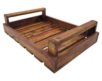 Teak Wood Slatted Serving Tray with Handles, Vintage Rustic Farmhouse Organic Modern Décor 19”