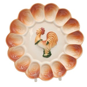 Vintage Mid Century Hand Painted Rooster Deviled Egg Plate Farmhouse Decor 10.75” Ceramic Rustic Serving Tray