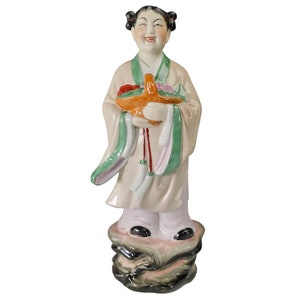Vintage Chinese Figurine, Laughing Lady, Holding Basket Statue, Chinese Lady Figurine, Porcelain Figurine
