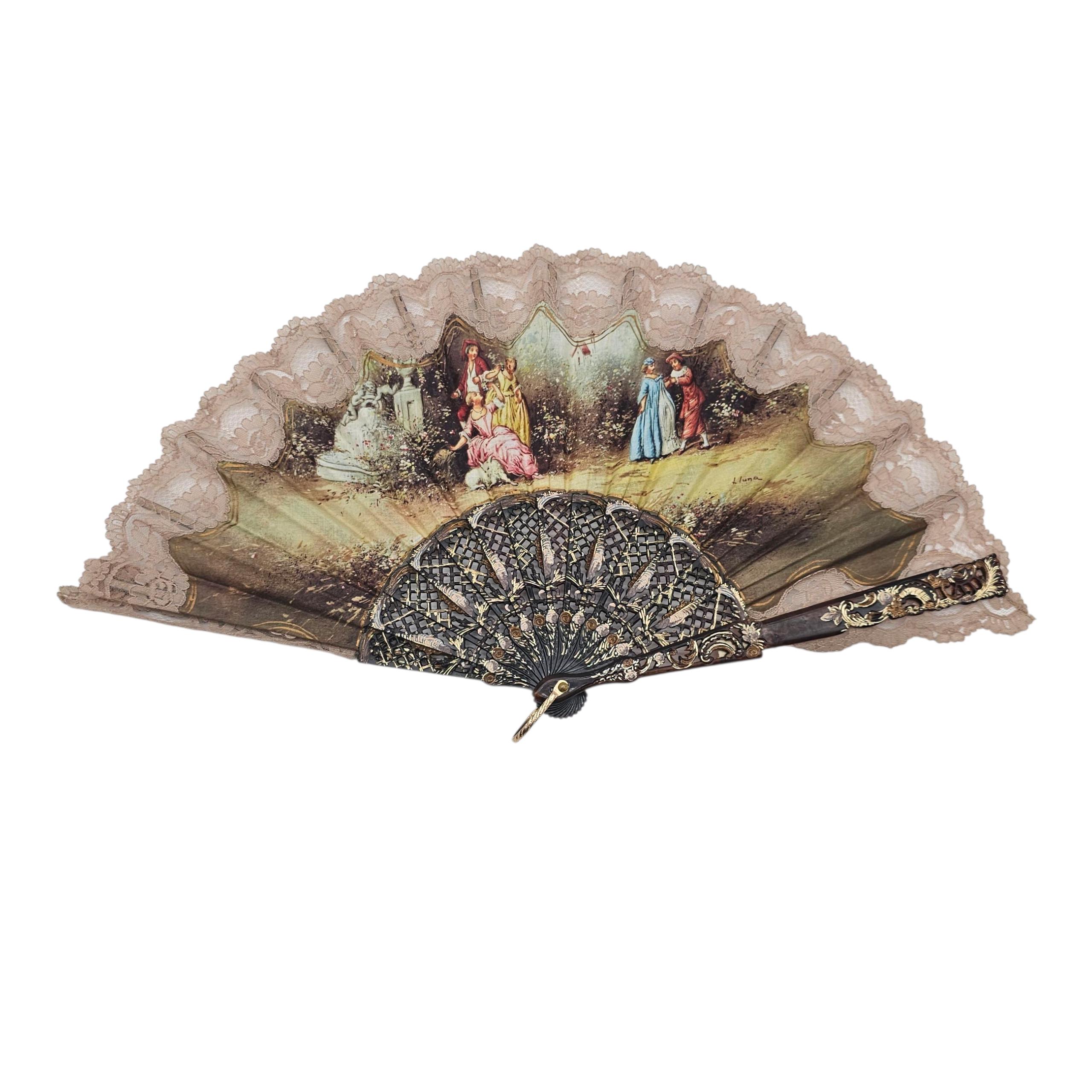 Vintage Spanish Hand Fan With Lace Trim & Painted Silk Scene | Rococo Lady’s Fan | Display Décor Or Formal Accessory