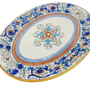 Umbria Pattern 14.375” Portuguese Platter Hand Painted Blue Orange Floral Scrollwork Large Oval Plate