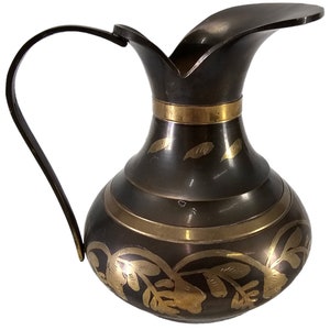 Vintage Black & Brass Pitcher, Ornate Pitcher, Etched Metal Pitcher, Pitcher W/ Floral Accents