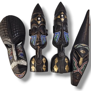 Vintage Ghana Tribal Masks: Beaded & Embossed Metal, Set of 4